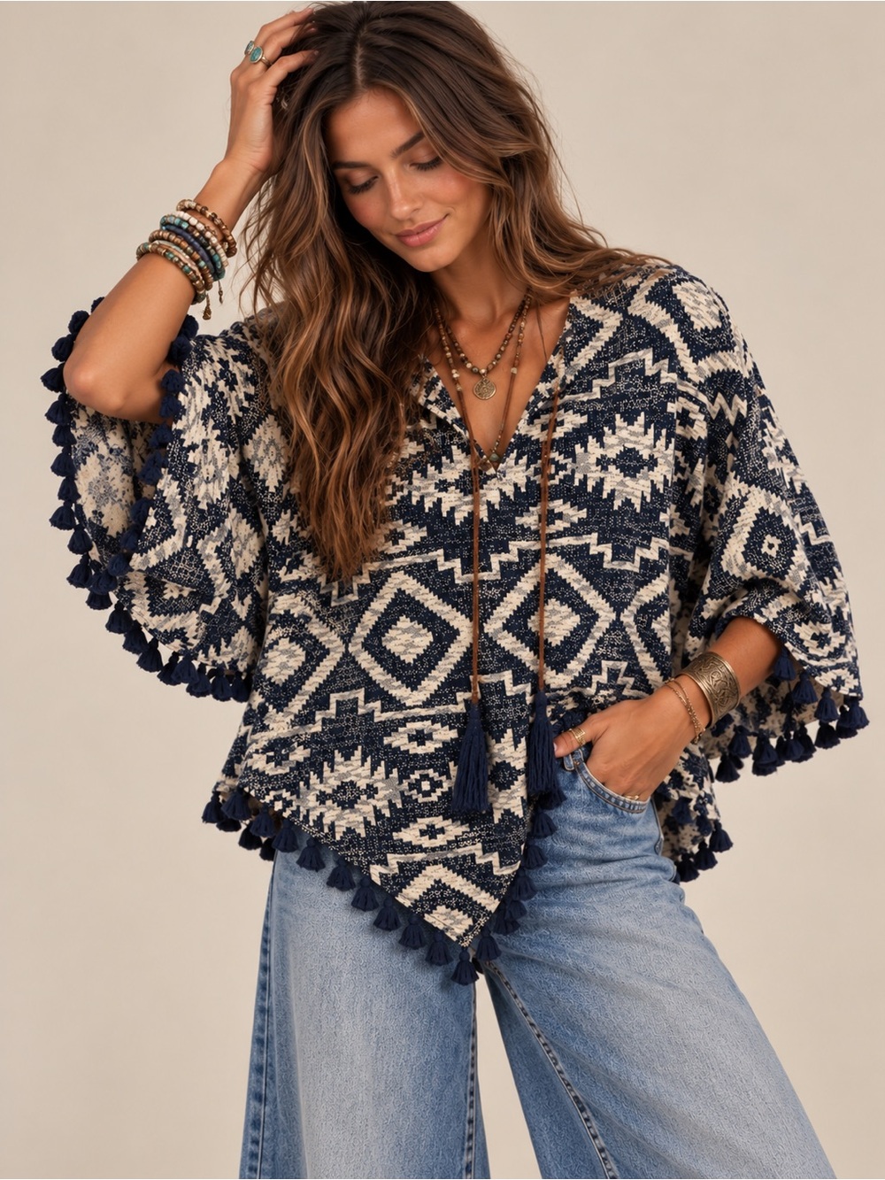 Joy Joy Navy and Cream Geometric Pom-Pom Poncho